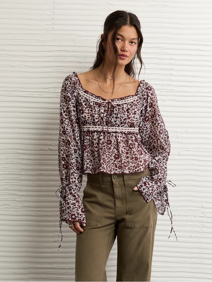American Eagle Burgundy And Ivory Floral Peasant Top